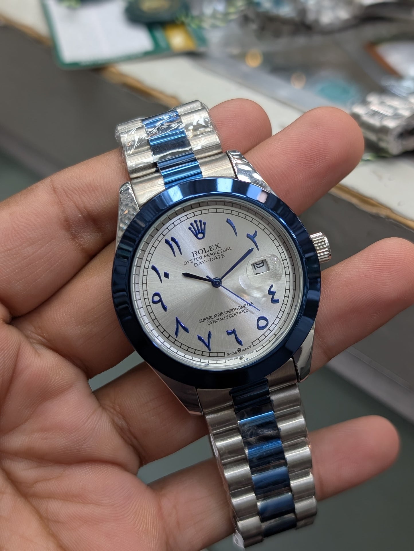 π Rolex Oyster Perpetual Day-Date with Striking Blue Arabic Dial β Bold, Rare & Timeless π